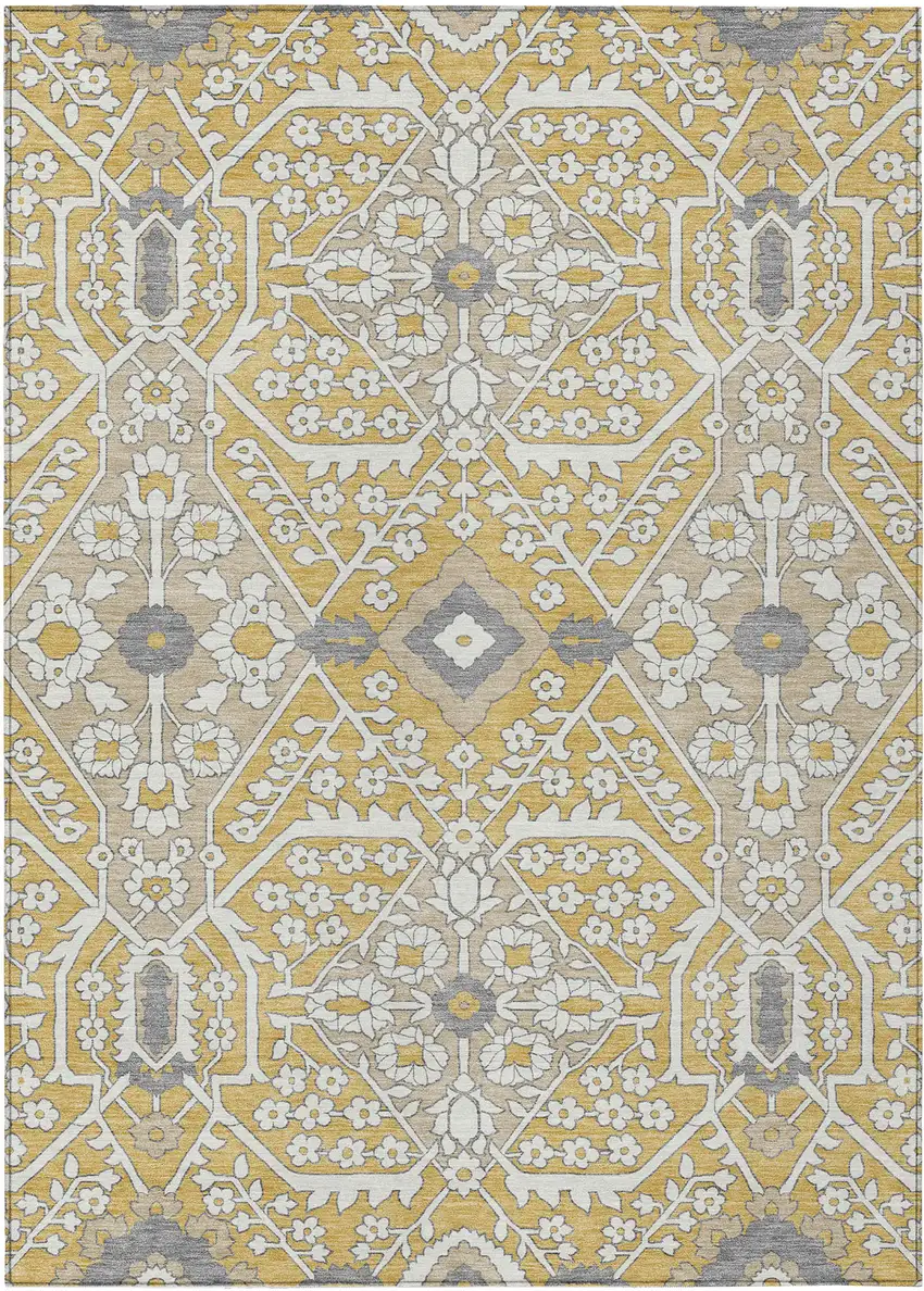 Gold Ivory And Gray Floral Washable Indoor Outdoor Area Rug Photo 2