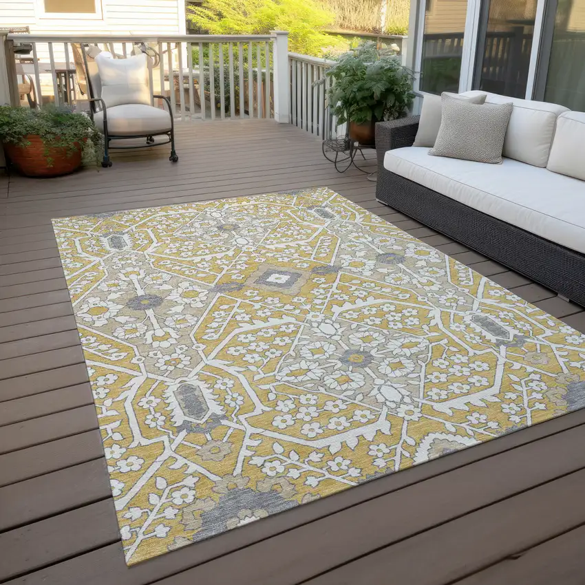 Gold Ivory And Gray Floral Washable Indoor Outdoor Area Rug Photo 9