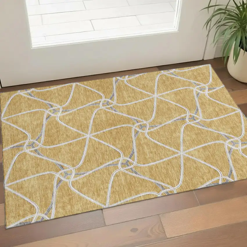 Gold Ivory And Gray Geometric Washable Area Rug With UV Protection Photo 1
