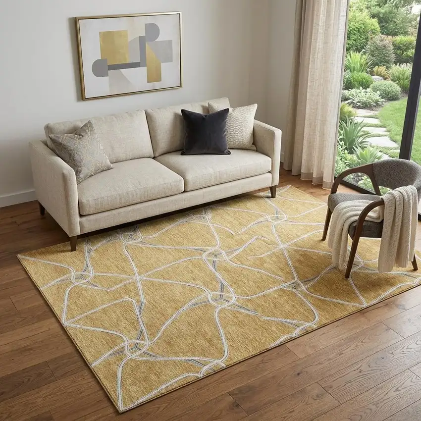 Gold Ivory And Gray Geometric Washable Area Rug With UV Protection Photo 1