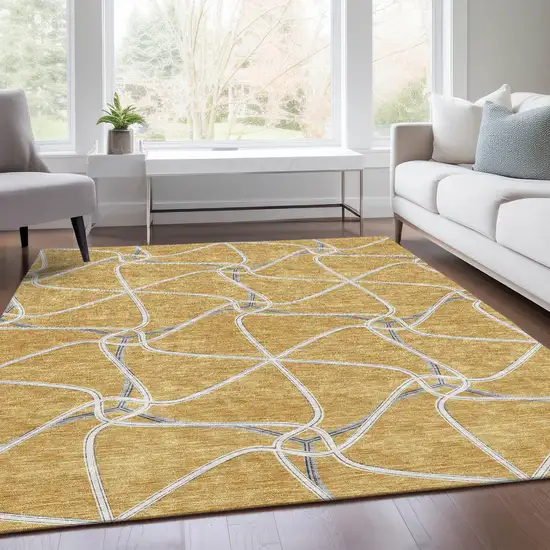 Gold Ivory And Gray Geometric Washable Area Rug With UV Protection Photo 5