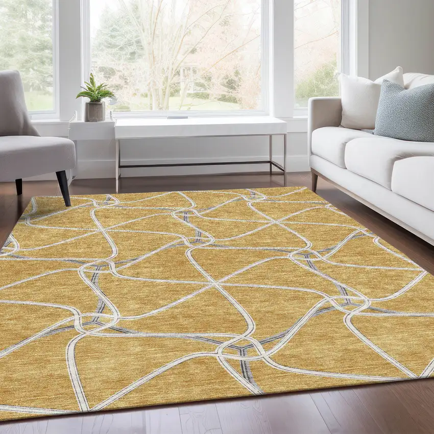 Gold Ivory And Gray Geometric Washable Area Rug With UV Protection Photo 5