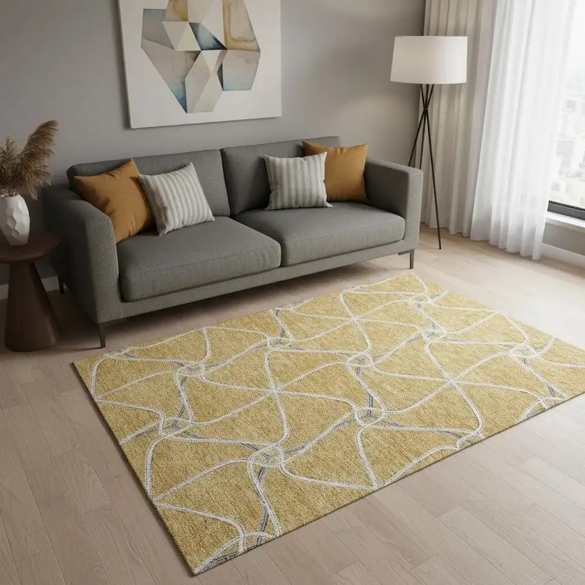 Gold Ivory And Gray Geometric Washable Area Rug With UV Protection Photo 2