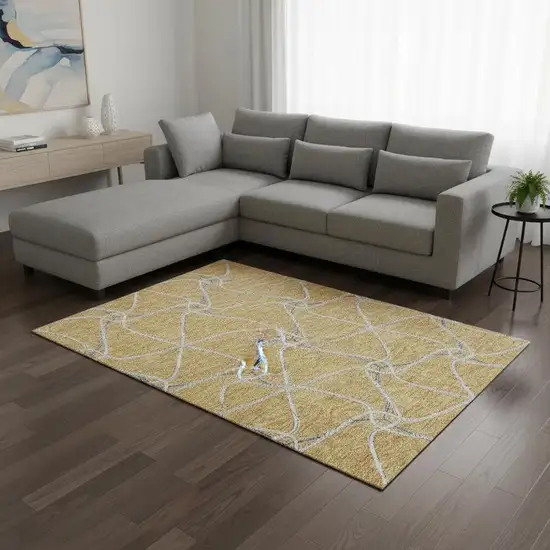 Gold Ivory And Gray Geometric Washable Area Rug With UV Protection Photo 2