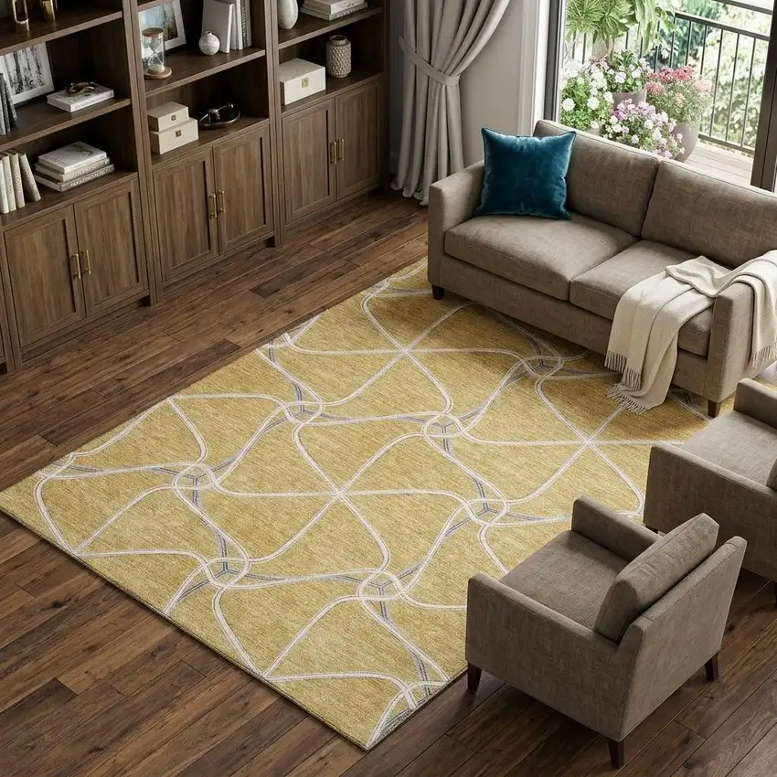 Gold Ivory And Gray Geometric Washable Area Rug With UV Protection Photo 1