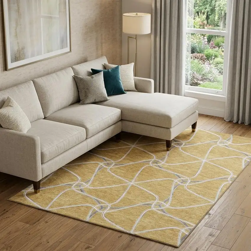 Gold Ivory And Gray Geometric Washable Area Rug With UV Protection Photo 1
