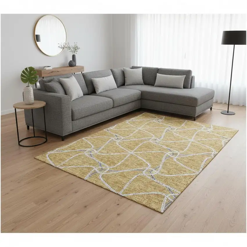 Gold Ivory And Gray Geometric Washable Area Rug With UV Protection Photo 2
