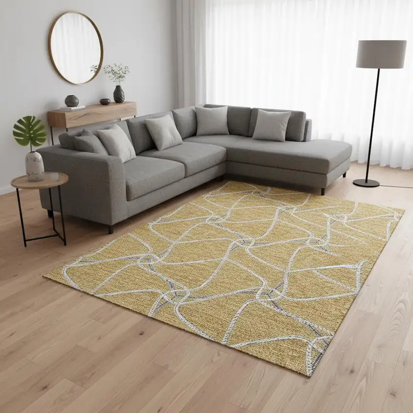 Gold Ivory And Gray Geometric Washable Area Rug With UV Protection Photo 2