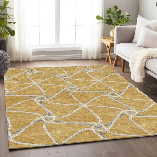 Gold Ivory And Gray Geometric Washable Area Rug With UV Protection Photo 4