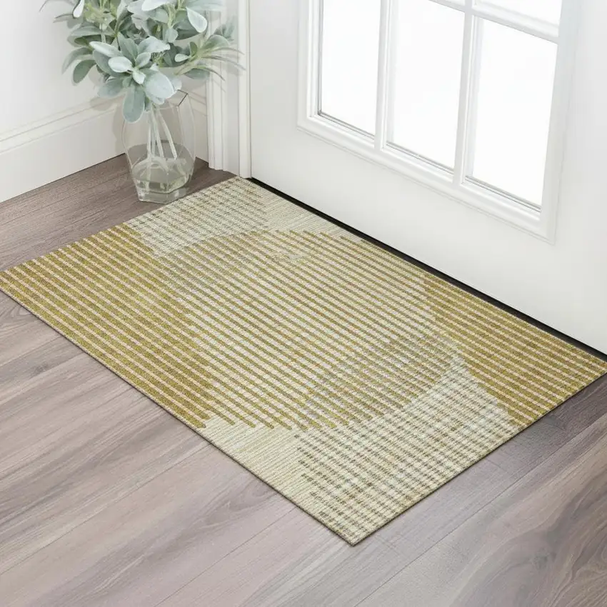 Gold Ivory And Gray Geometric Washable Area Rug With UV Protection Photo 2