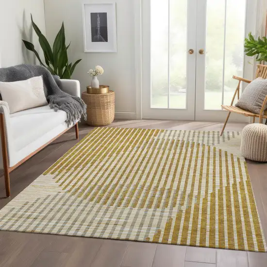 Gold Ivory And Gray Geometric Washable Area Rug With UV Protection Photo 5