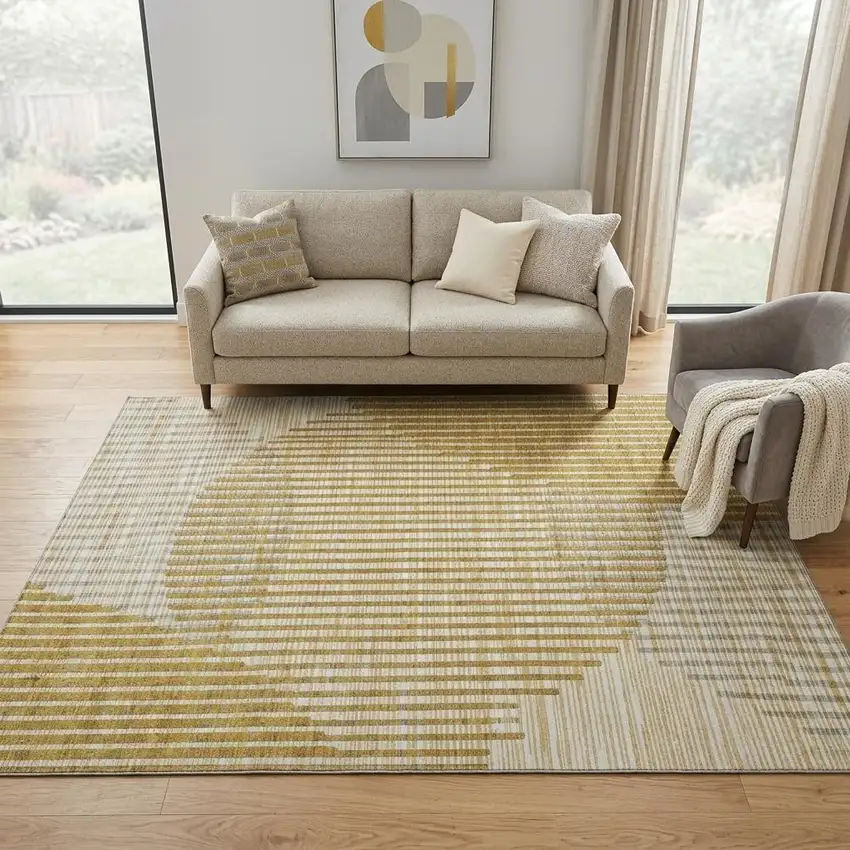Gold Ivory And Gray Geometric Washable Area Rug With UV Protection Photo 1
