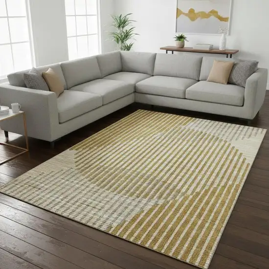 Gold Ivory And Gray Geometric Washable Area Rug With UV Protection Photo 2