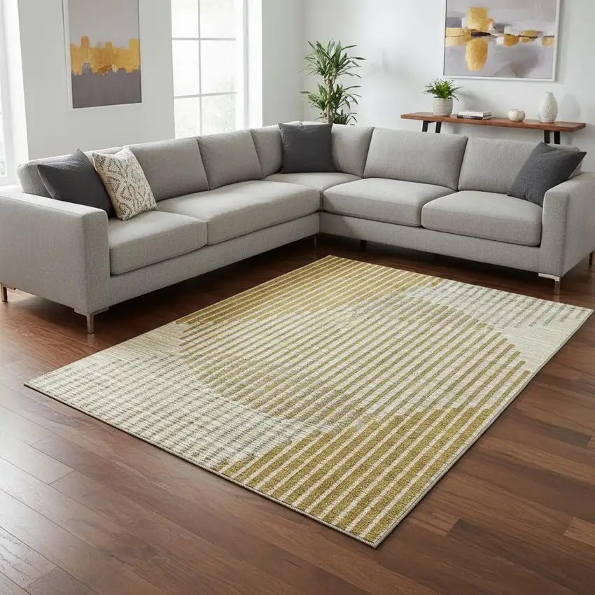 Gold Ivory And Gray Geometric Washable Area Rug With UV Protection Photo 2