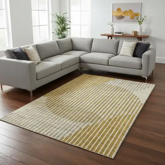 Gold Ivory And Gray Geometric Washable Area Rug With UV Protection Photo 2