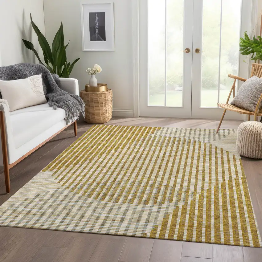 Gold Ivory And Gray Geometric Washable Area Rug With UV Protection Photo 5