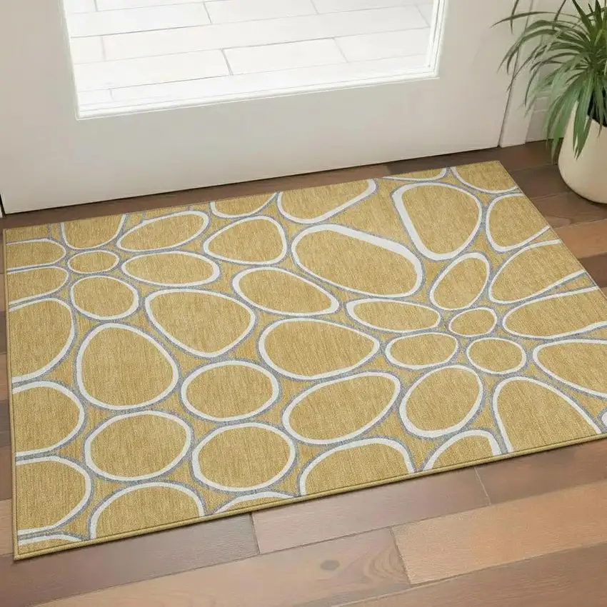 Gold Ivory And Gray Geometric Washable Area Rug With UV Protection Photo 2