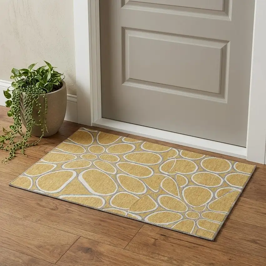 Gold Ivory And Gray Geometric Washable Area Rug With UV Protection Photo 1
