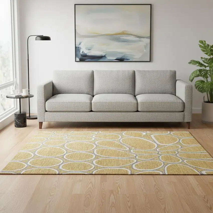 Gold Ivory And Gray Geometric Washable Area Rug With UV Protection Photo 2