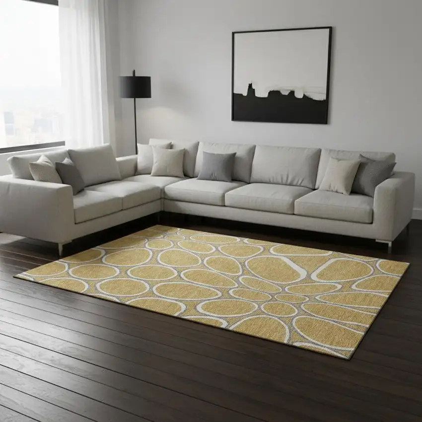 Gold Ivory And Gray Geometric Washable Area Rug With UV Protection Photo 1