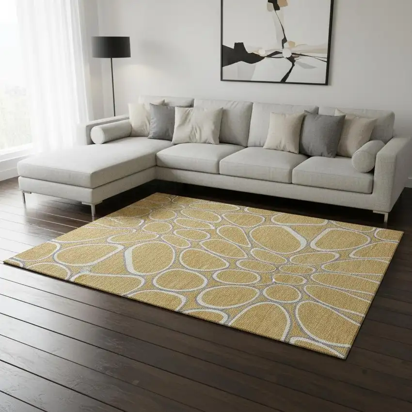 Gold Ivory And Gray Geometric Washable Area Rug With UV Protection Photo 2