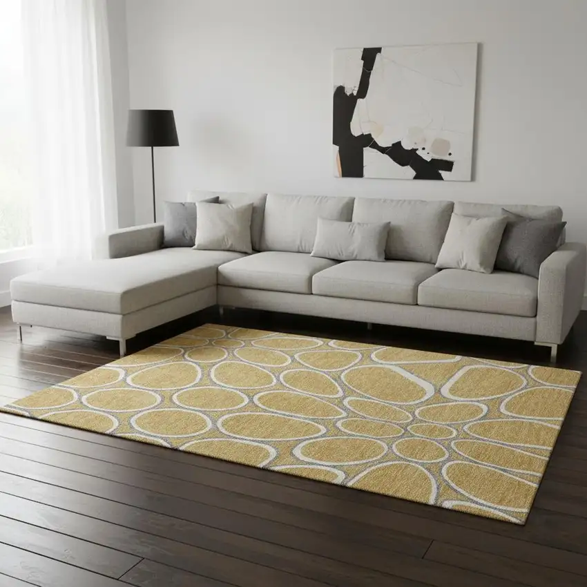 Gold Ivory And Gray Geometric Washable Area Rug With UV Protection Photo 2