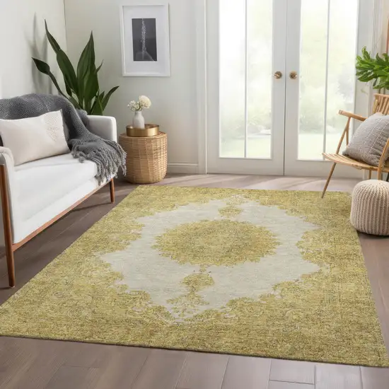 Gold Ivory And Gray Oriental Washable Area Rug With UV Protection Photo 5