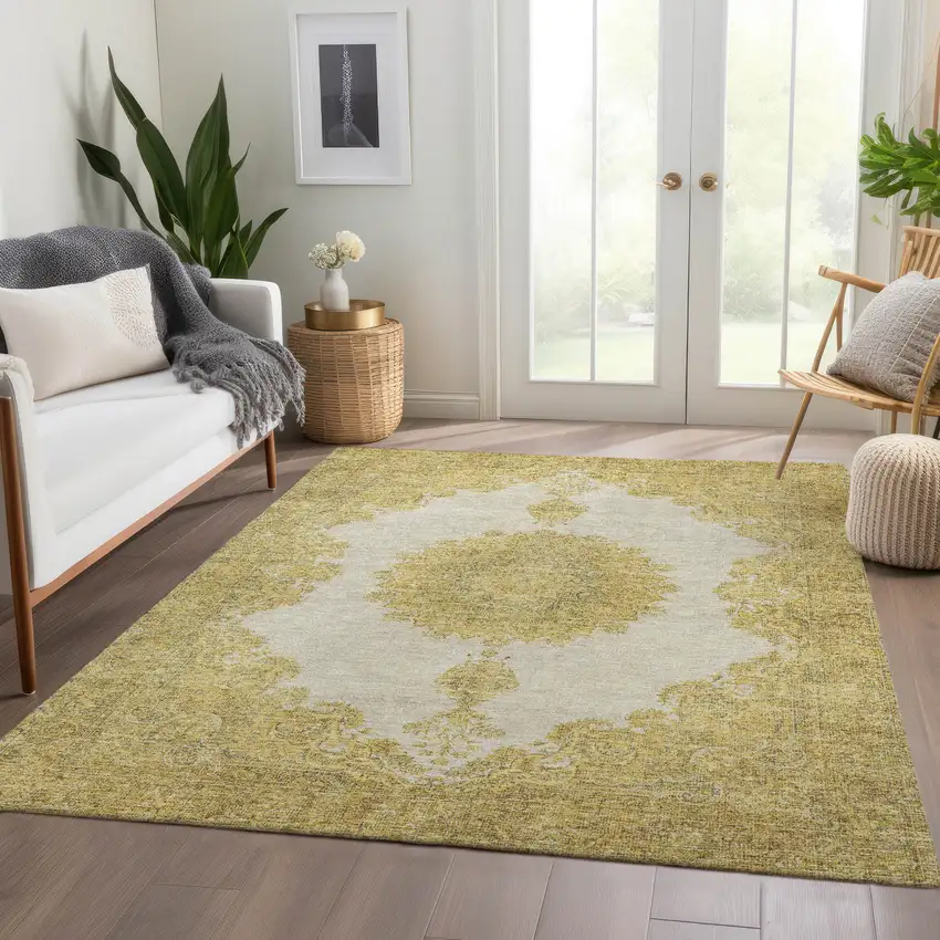 Gold Ivory And Gray Oriental Washable Area Rug With UV Protection Photo 5