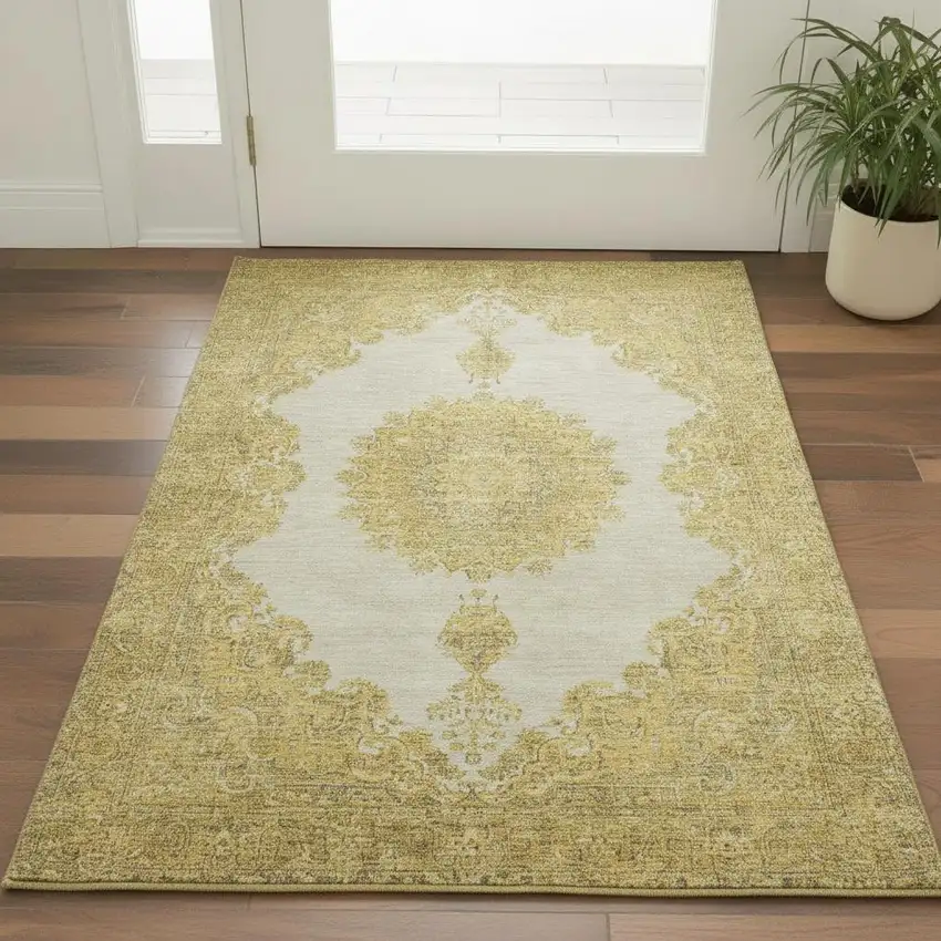 Gold Ivory And Gray Oriental Washable Area Rug With UV Protection Photo 2