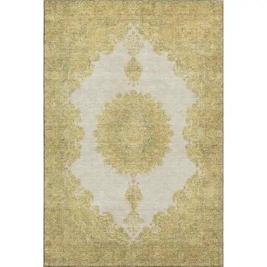 Gold Ivory And Gray Oriental Washable Area Rug With UV Protection Photo 1