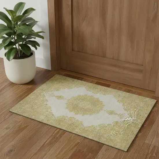 Gold Ivory And Gray Oriental Washable Area Rug With UV Protection Photo 1