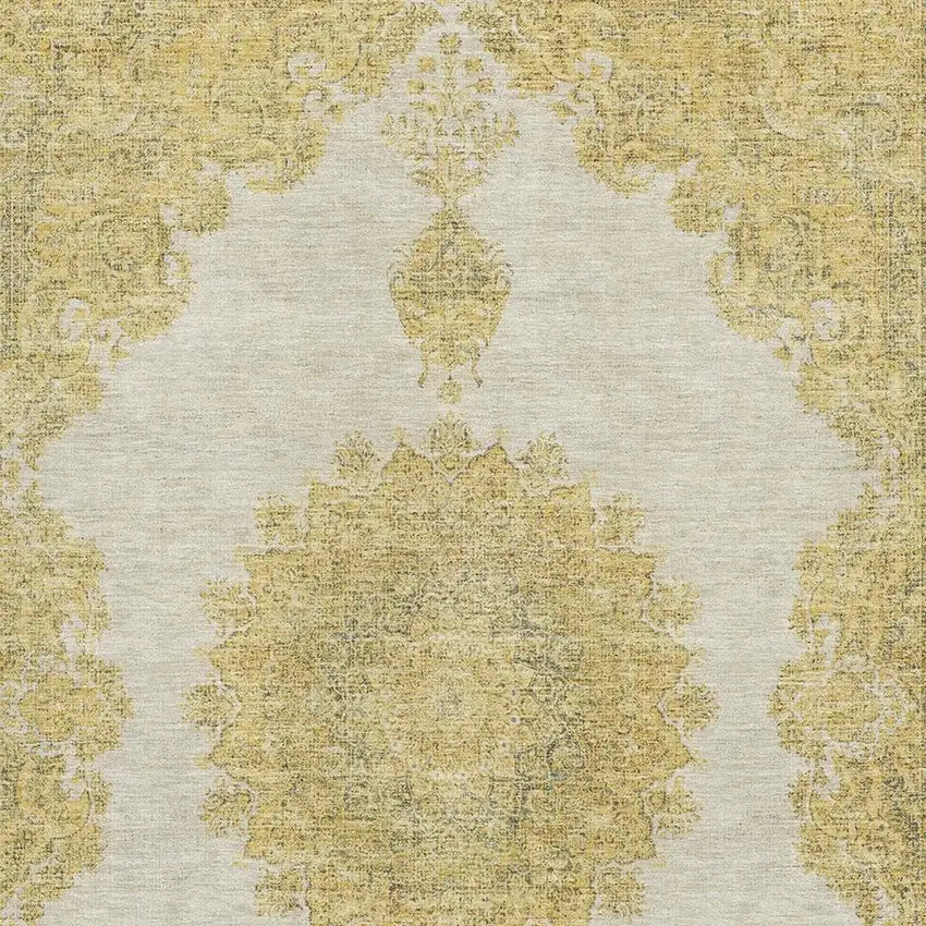 Gold Ivory And Gray Oriental Washable Area Rug With UV Protection Photo 2