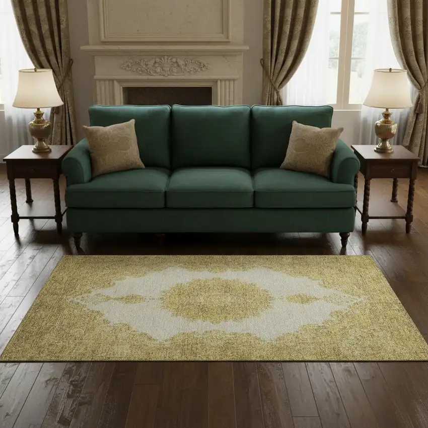 Gold Ivory And Gray Oriental Washable Area Rug With UV Protection Photo 2