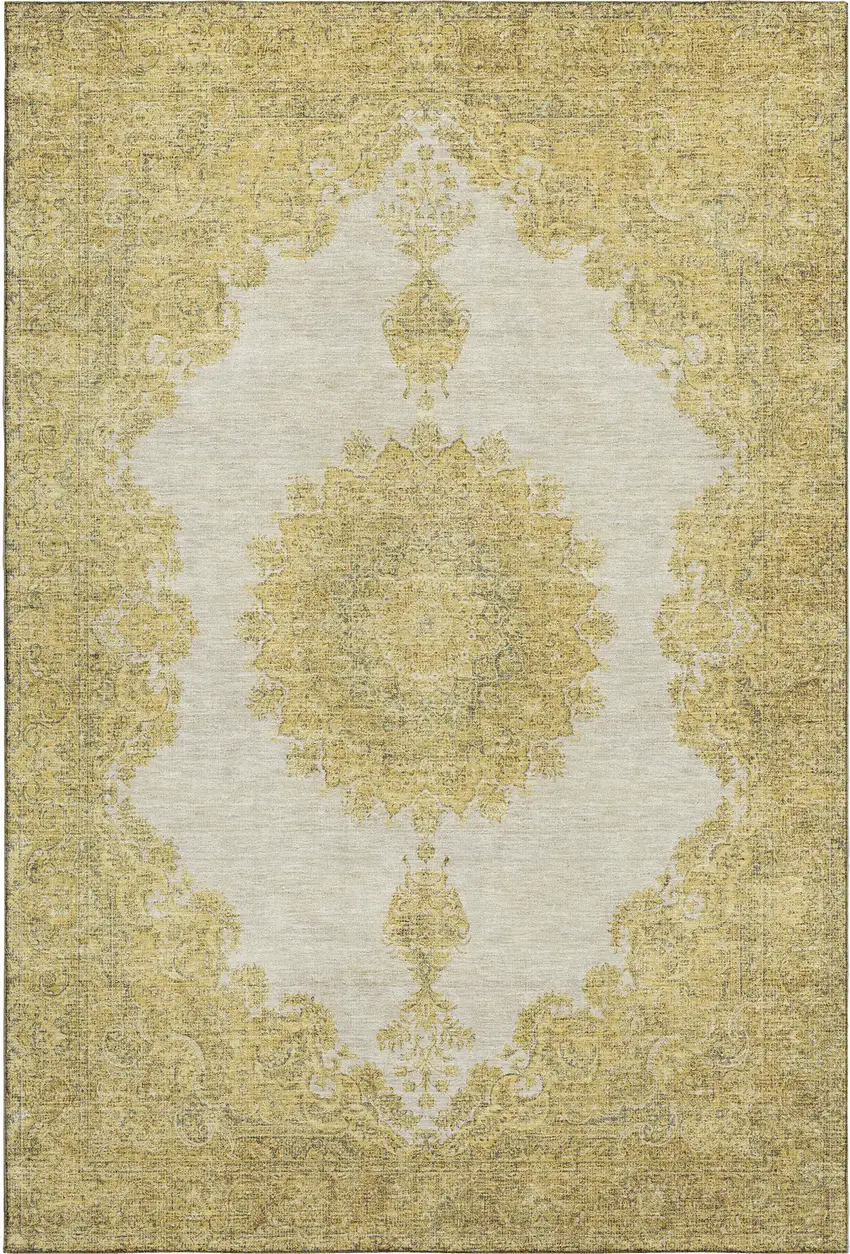 Gold Ivory And Gray Oriental Washable Area Rug With UV Protection Photo 1