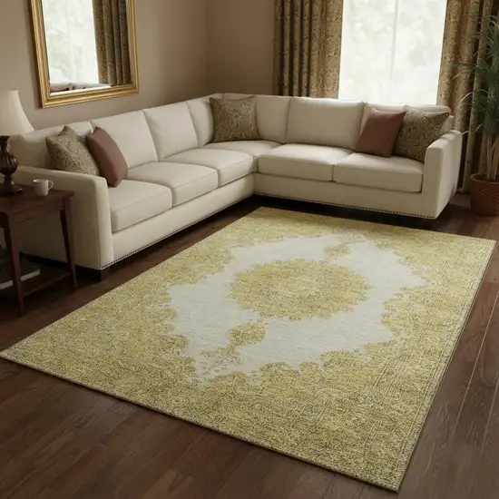 Gold Ivory And Gray Oriental Washable Area Rug With UV Protection Photo 2