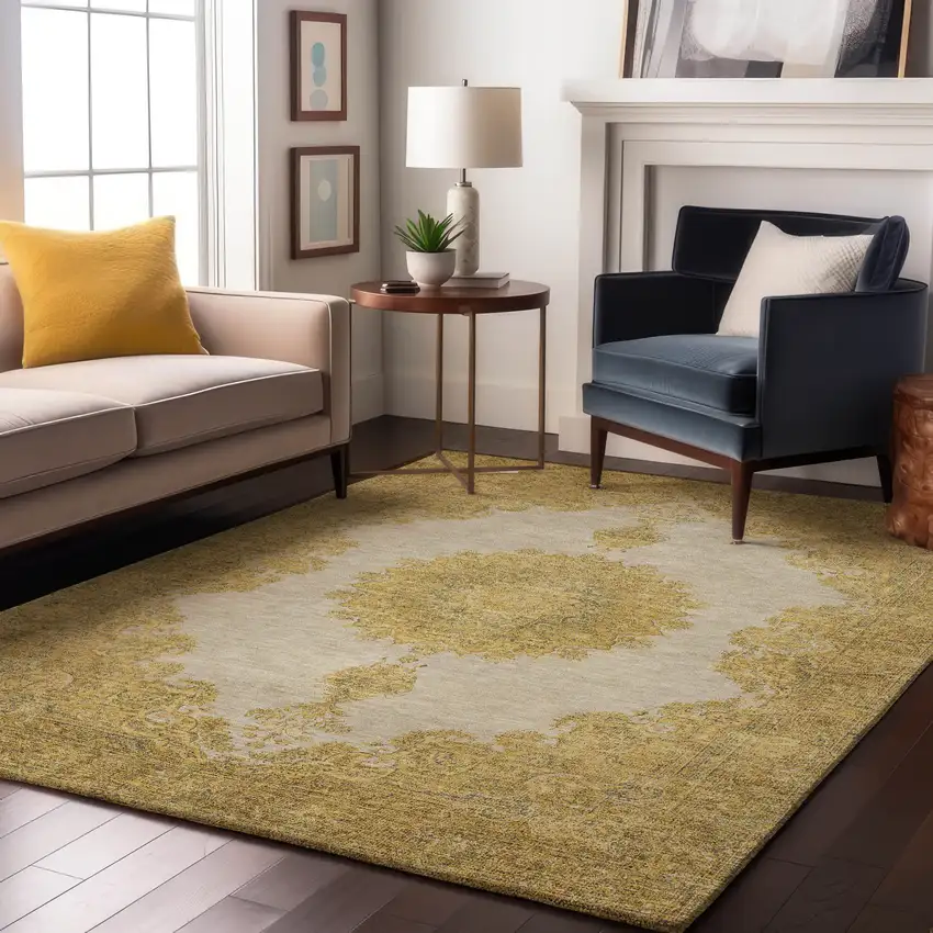 Gold Ivory And Gray Oriental Washable Area Rug With UV Protection Photo 4
