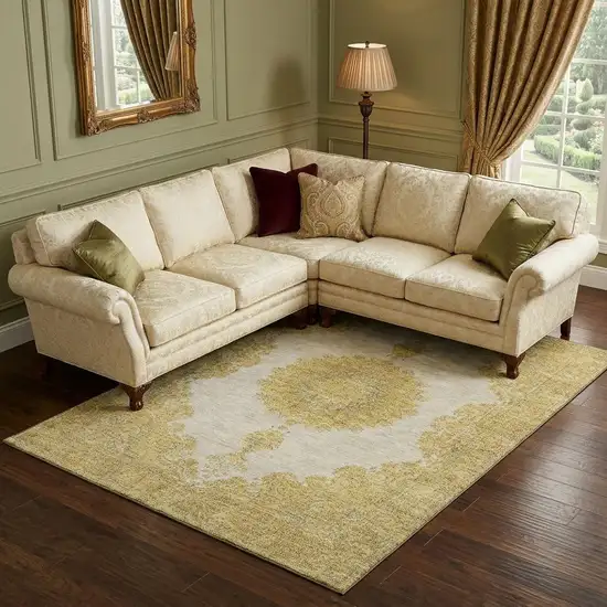 Gold Ivory And Gray Oriental Washable Area Rug With UV Protection Photo 1