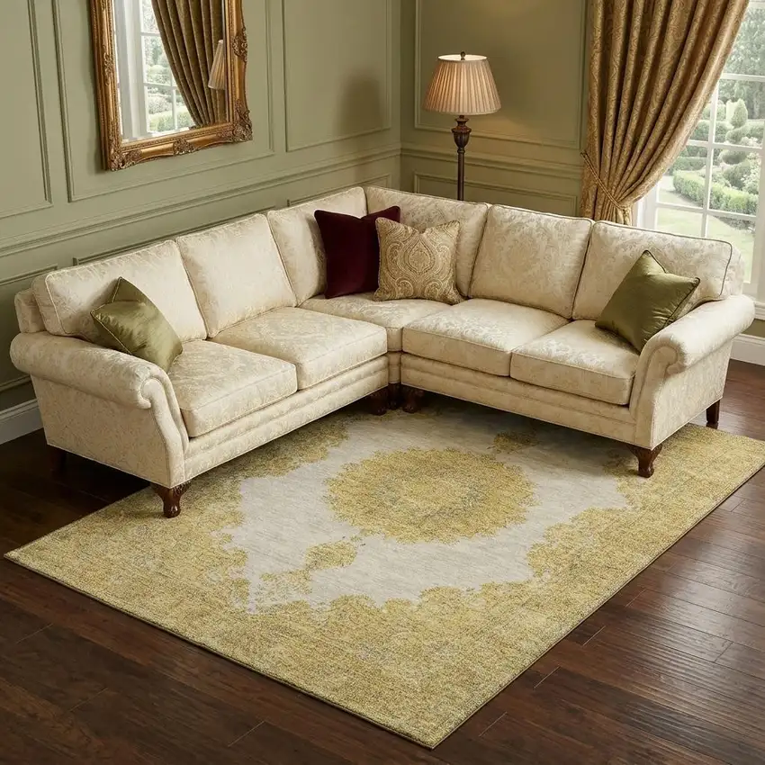 Gold Ivory And Gray Oriental Washable Area Rug With UV Protection Photo 1