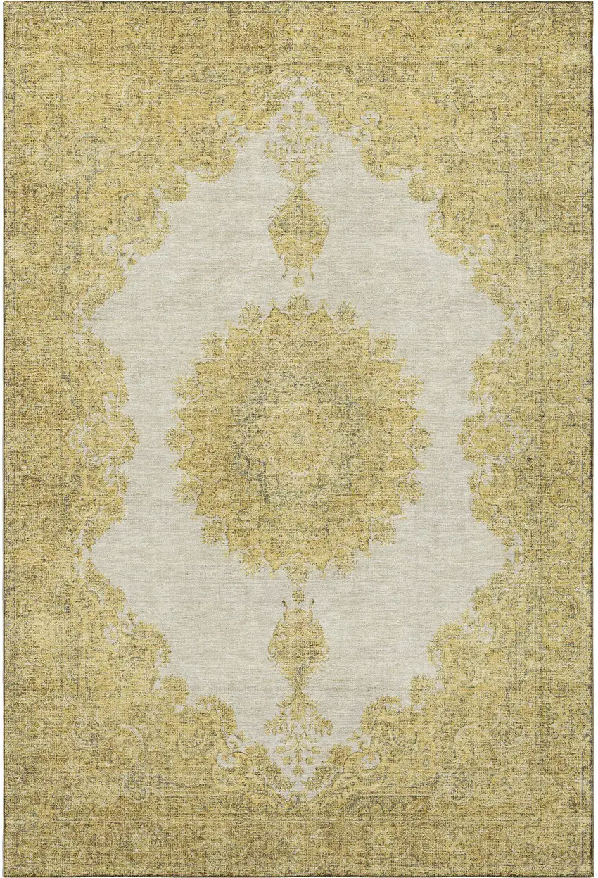 Gold Ivory And Gray Oriental Washable Area Rug With UV Protection Photo 3
