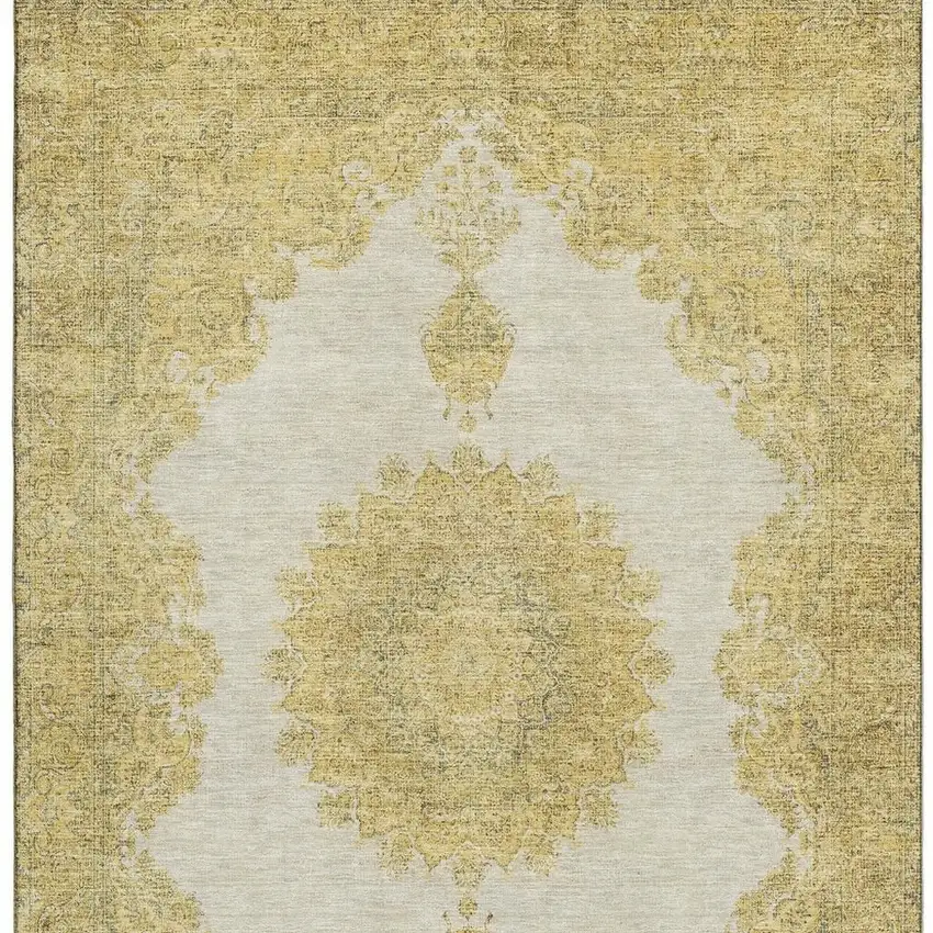 Gold Ivory And Gray Oriental Washable Area Rug With UV Protection Photo 2