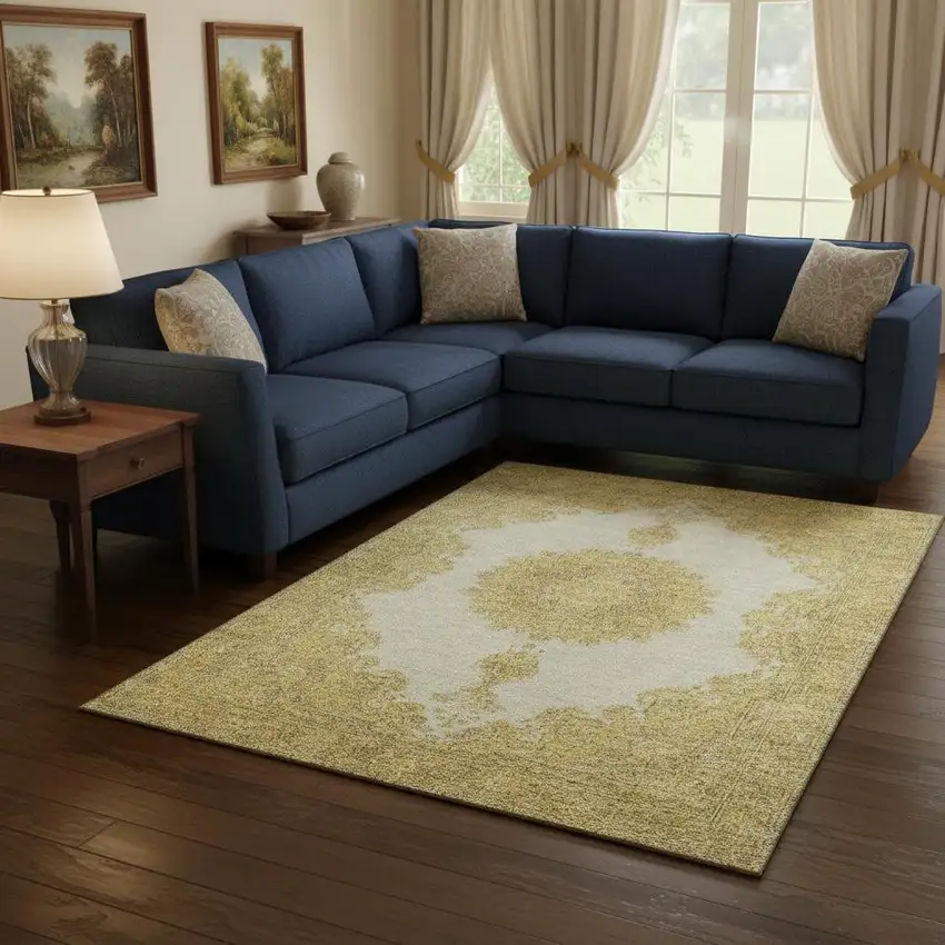 Gold Ivory And Gray Oriental Washable Area Rug With UV Protection Photo 2