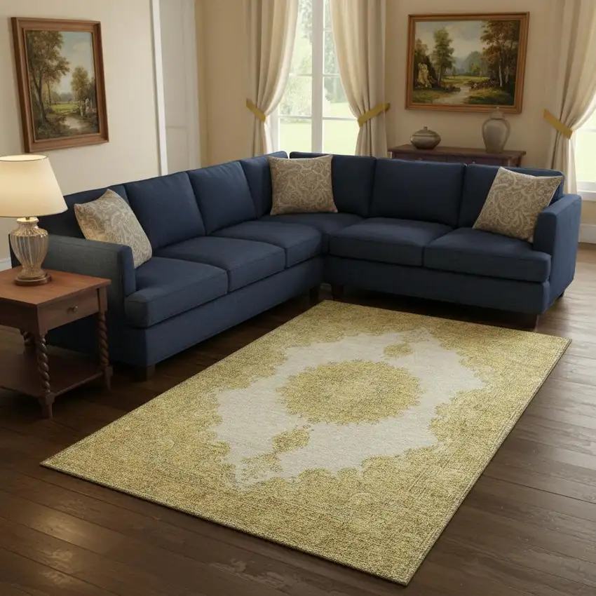 Gold Ivory And Gray Oriental Washable Area Rug With UV Protection Photo 2