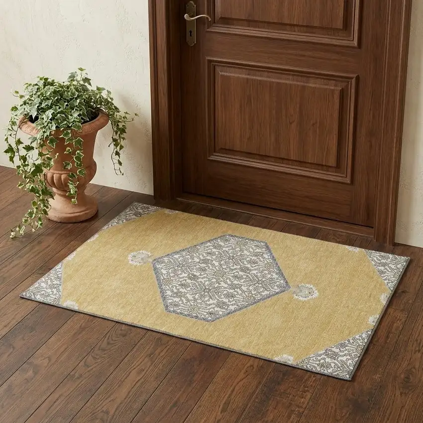 Gold Ivory And Gray Oriental Washable Area Rug With UV Protection Photo 1