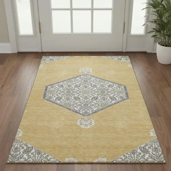 Gold Ivory And Gray Oriental Washable Area Rug With UV Protection Photo 2