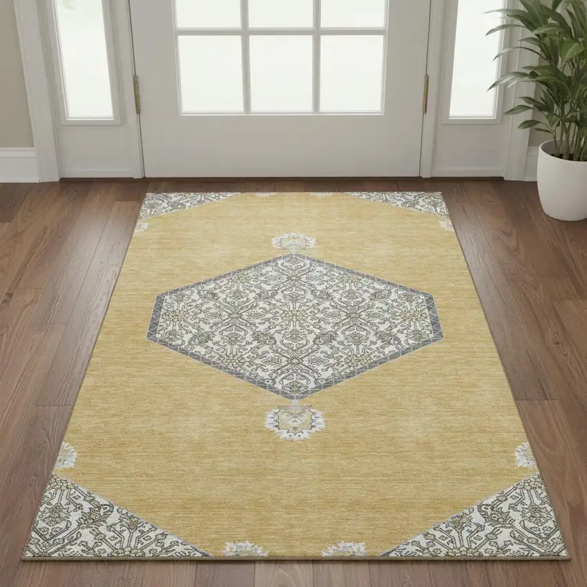 Gold Ivory And Gray Oriental Washable Area Rug With UV Protection Photo 2