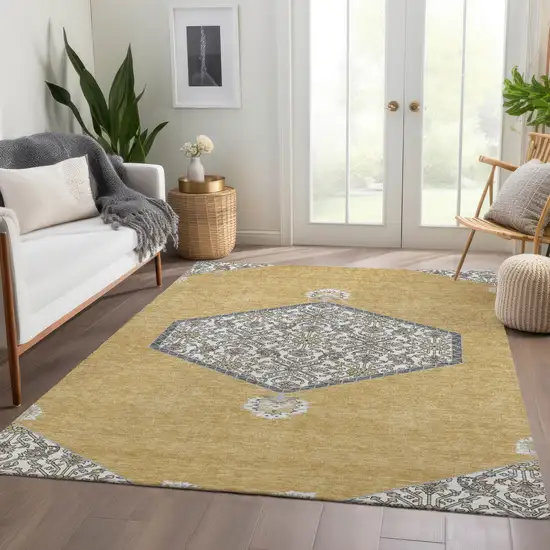 Gold Ivory And Gray Oriental Washable Area Rug With UV Protection Photo 5