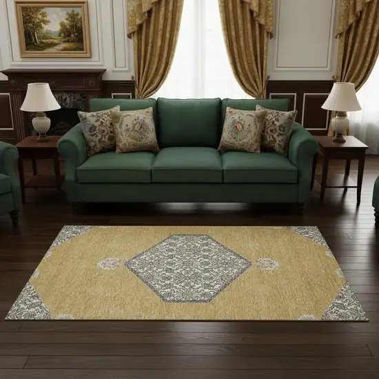 Gold Ivory And Gray Oriental Washable Area Rug With UV Protection Photo 2
