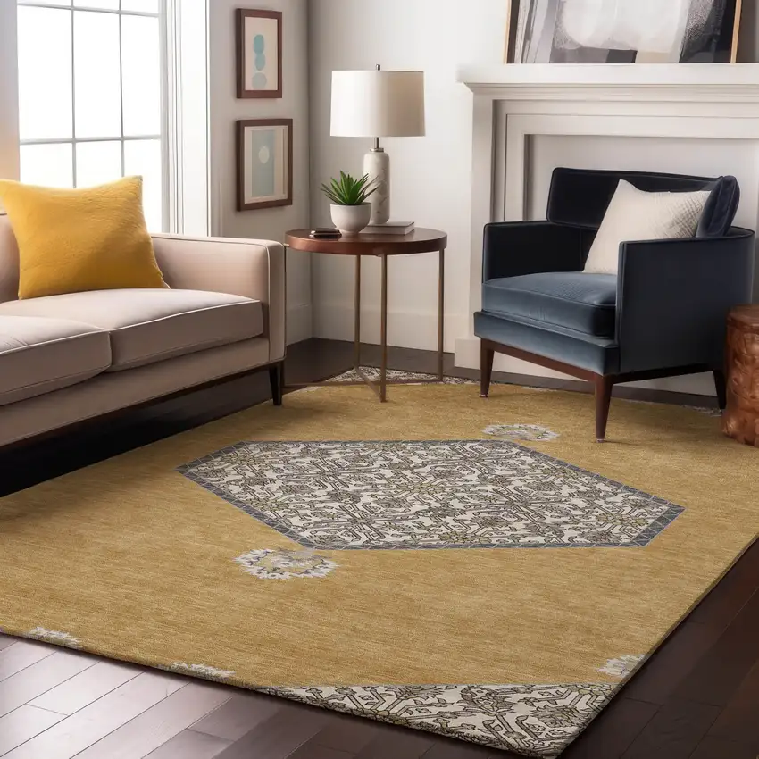 Gold Ivory And Gray Oriental Washable Area Rug With UV Protection Photo 4