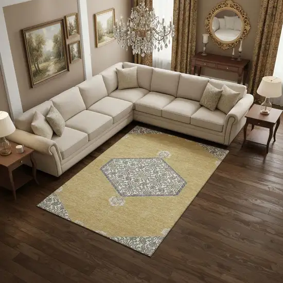 Gold Ivory And Gray Oriental Washable Area Rug With UV Protection Photo 2