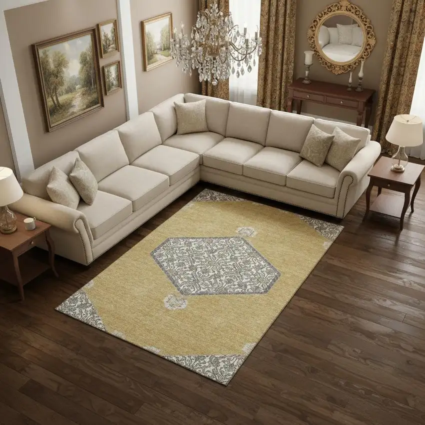 Gold Ivory And Gray Oriental Washable Area Rug With UV Protection Photo 2